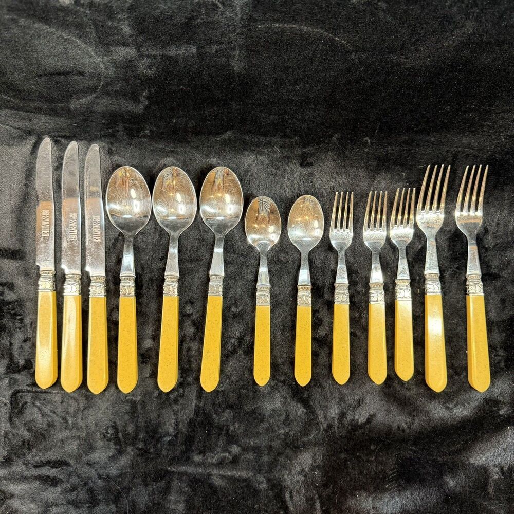 Sabatier Cannes Gold Vintage 18/10 Stainless Flatware 13 Pc Set Yellow Handles